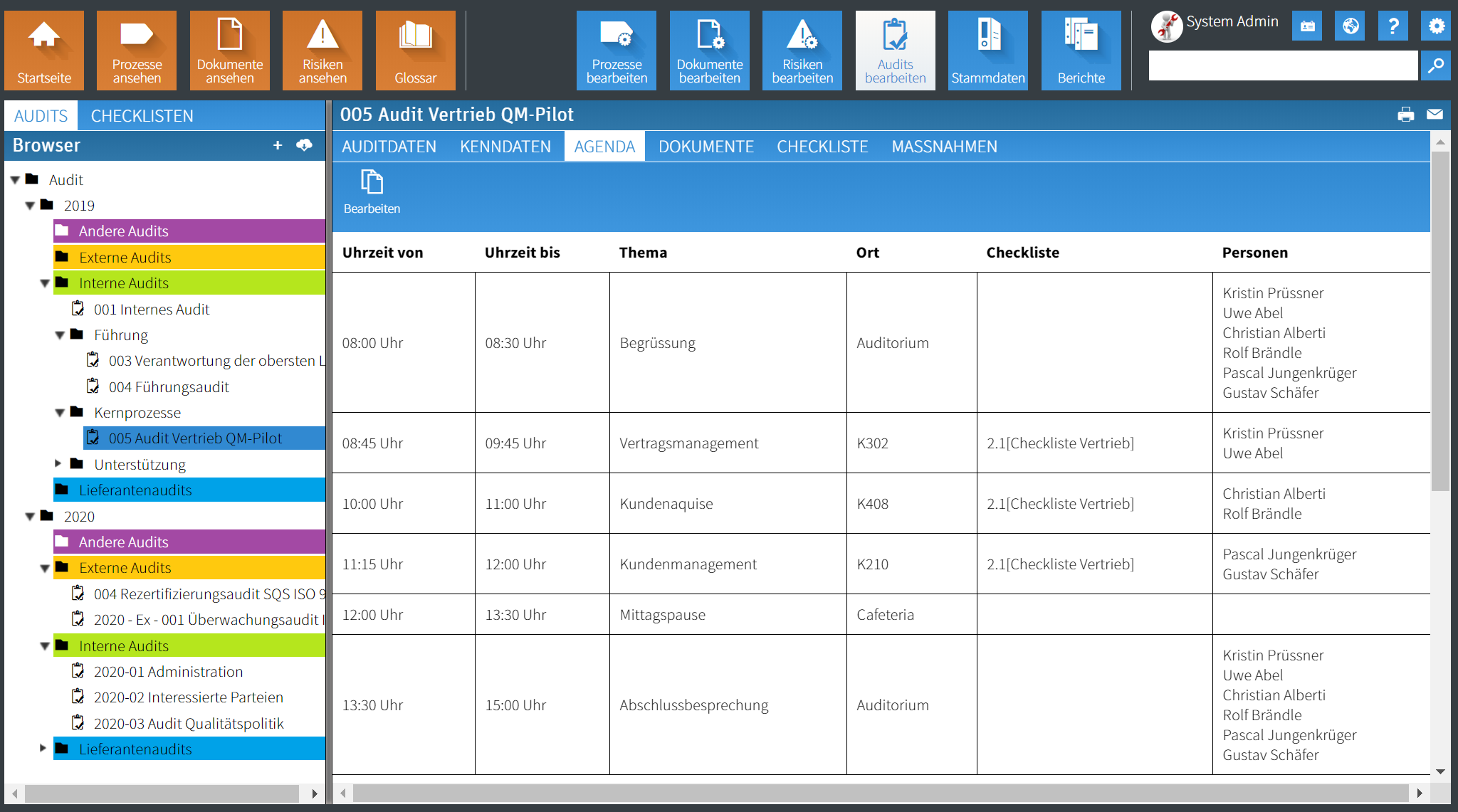 Overview audit agenda in the audit module