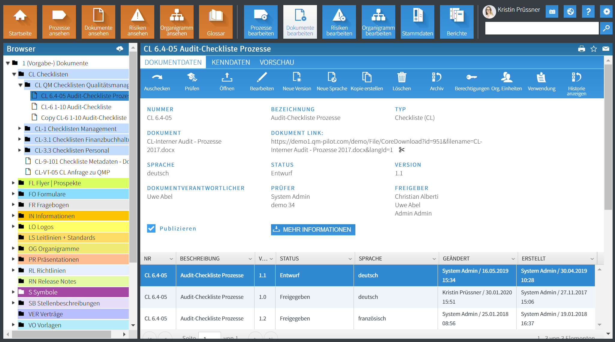 Overview document management QM-Pilot incl. version history