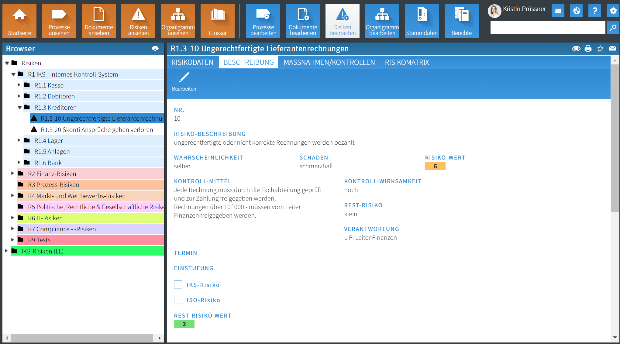 Risk description in the QM-Pilot